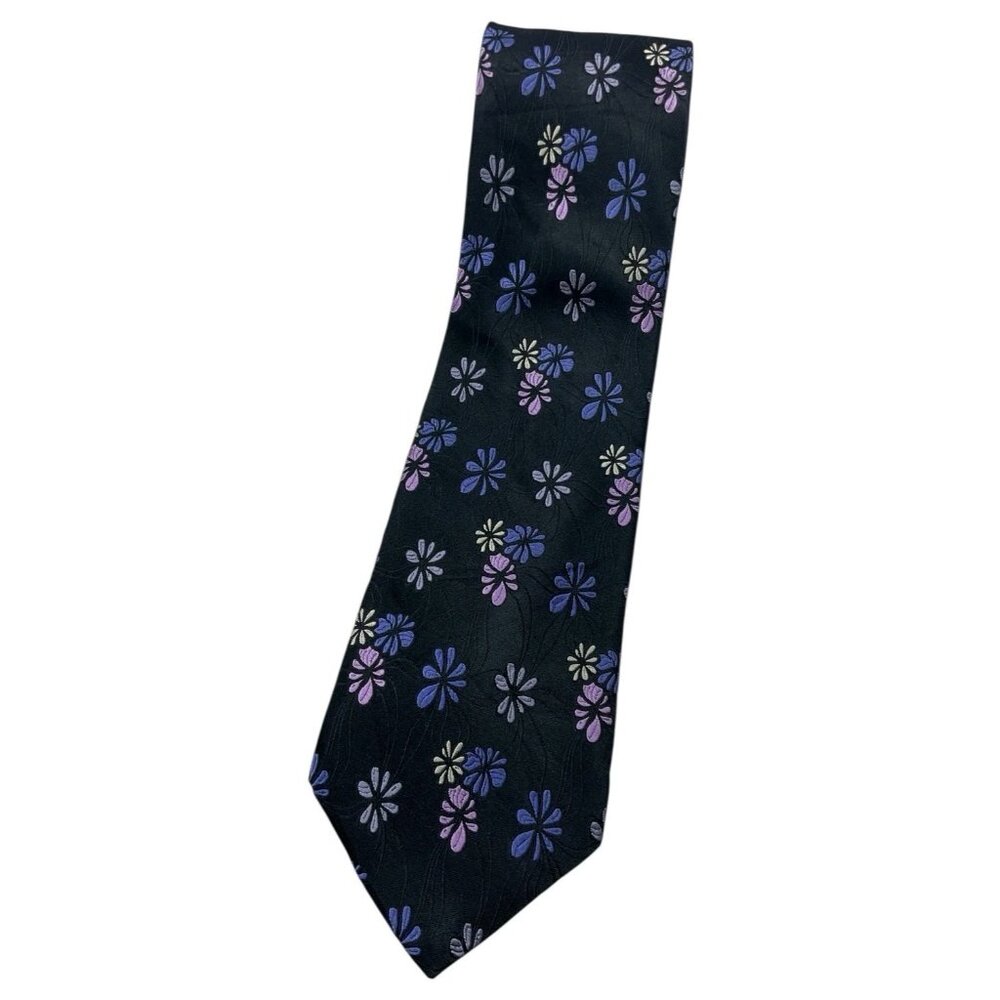 MURANO Men's 100% Silk Necktie LUXURY Tie XL Black Blue Purple Floral W:3.8" EUC